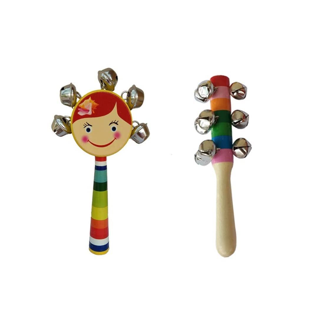 Channapatna Toys Wooden Baby Rattle Toys for Infants/New Born Babies (0+ Years) - Jingle Bell & Face Rattle Set of 2 pcs - Discover Sounds