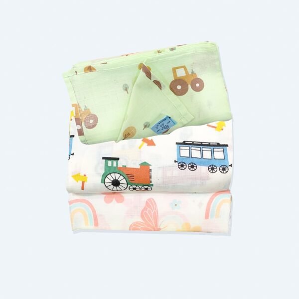 Baby Muslin Bath Towel for Newborn Baby | Gentle & Ultra-Absorbent | Muslin Cloth Bath Towel for Newborns | Tractor-Train-Butterfly Design | Pack of 3 |