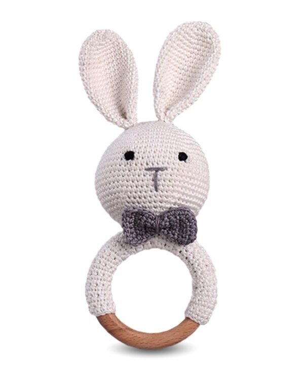 Intellibaby Premium Bunny Wooden Ring Rattle for Baby&Toddlers, Crochet Bunny Rattle Toy for Newborn,Natural Wool,Sensory Toy for Girls&Boys,Safe&Durable,BIS Certified,Birthday Gift,0-2 Years,White