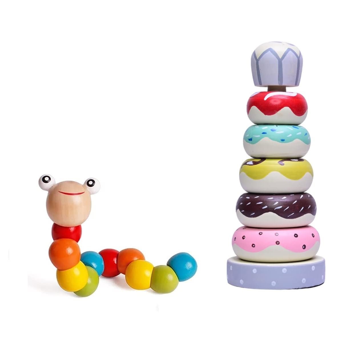 Organic Wooden Doughnut Stacking Toy for Kids Twisting Toy - (1 Year+) - Montessori Toys for Toddlers 1-3 Years Old and Up - Multicolor - Pack of 1 - Develop Fine Motor Skills