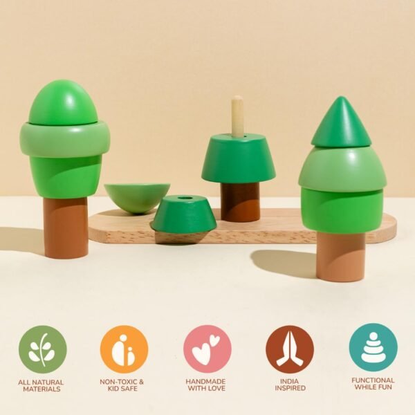 Aranya With Green Pajama Gift Set | Wooden Stacker and Muslin Pajama Combo | Handmade in India | Natural Wood Toy for Children | Birthday Gift (1-2 Years) - Image 4