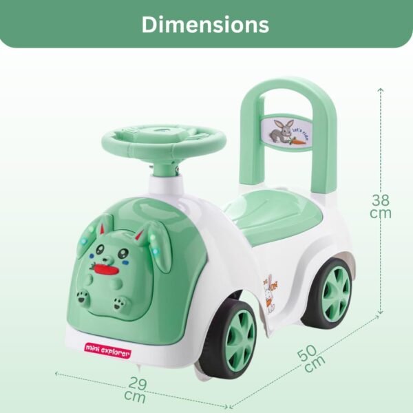 MiniExplorer Rabbit Ride On & Toy Car for Kids with Music & Horn Steering, Push Car for Baby with Backrest, Safety Guard, Under Seat Storage & Big Wheels | Ride On for Kids 1 to 3 Years - Green - Image 2