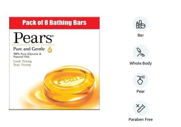 Pears Pure & Gentle Soap Bar (Combo Pack of 8) - With Glycerin for Soft, Glowing Skin & Body, Paraben-Free Body Soaps For Bath Ideal for Men & Women - Image 2