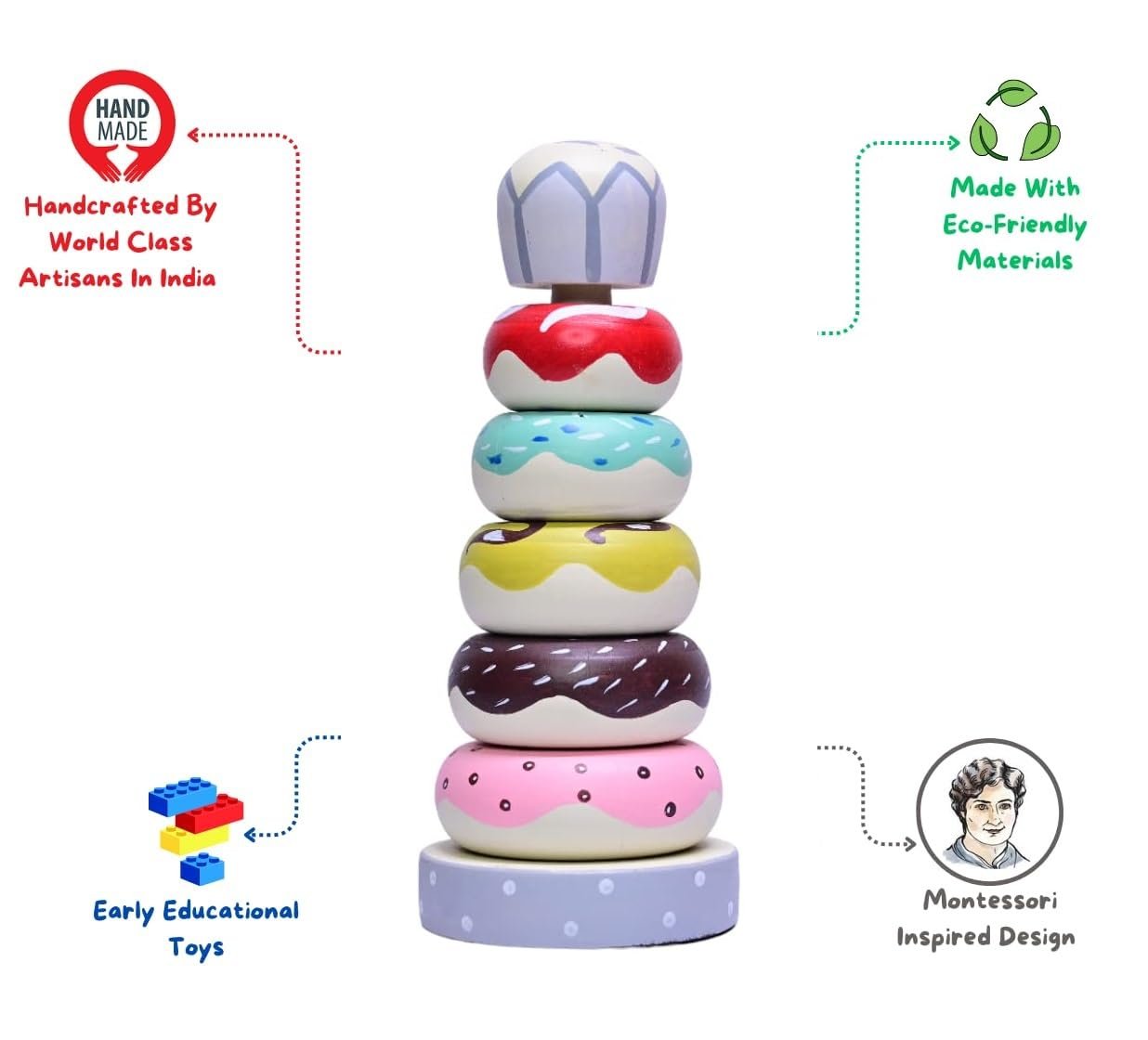 Organic Wooden Doughnut Stacking Toy for Kids - (1 Year+) - Montessori Toys for Toddlers 1-3 Years Old and Up - Multicolor - Pack of 1 - Develop Fine Motor Skills - Image 4