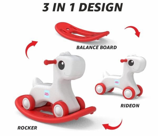 Amazon Brand - Jam & Honey 3-in-1 Baby Push Ride-On, Rocker & Balance Board | for Kids 1-4 Years Old | Non-Toxic | Durable and Safe | Upto 20kgs Weight | Red & Grey - Image 3