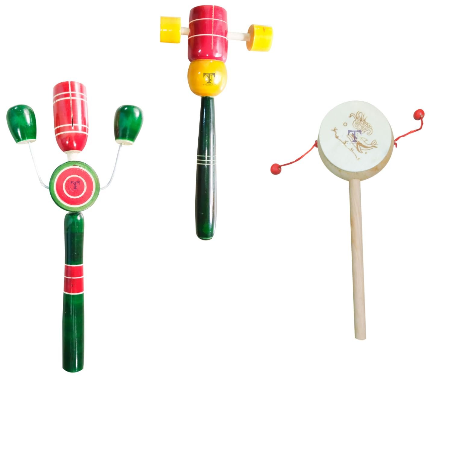 Colourful Wooden Baby Rattle Toy - Hand Crafted Rattle Set for Kids - Musical Toy for Newly Born(Pack of 3) White, TIK Small, cho Rattle