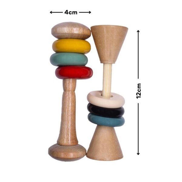 Handmade Wooden Rattle Dubbell with Rings for Baby Girl and Boy (0+ Years) | Neemwood Pastel Shade Rattle for Newborn | BPA Free | Non-Toxic Toy for Sensory Development - Image 4