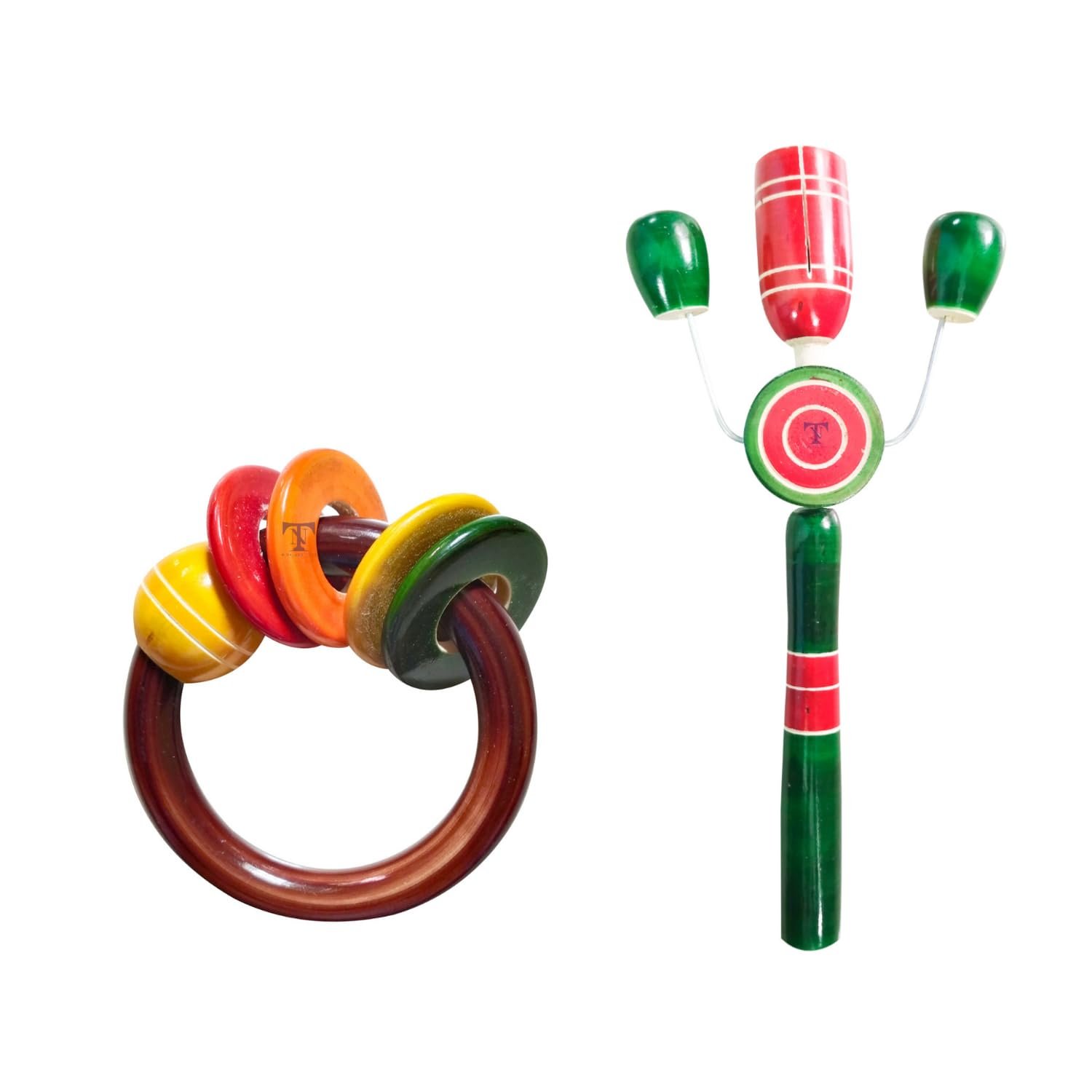 Colourful Wooden Baby Rattle Toy - Hand Crafted Rattle Set for Kids - Musical Toy for Newly Born - Wooden Ring Teether for New Born Babies - Baby Teethers (Pack of 2) TIK TIK Big, Ring teether