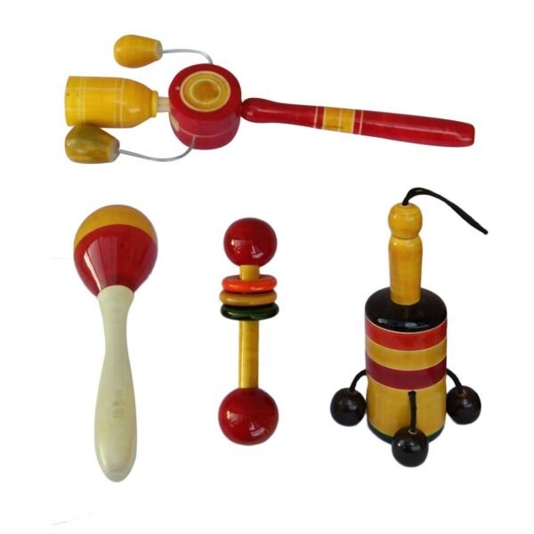 Wooden Rattles Toys for Baby/New-Born Babies Infants Kids - Set of 4 pcs - Multicolor - Discover Sounds, Develops Sensory Skills - Image 2