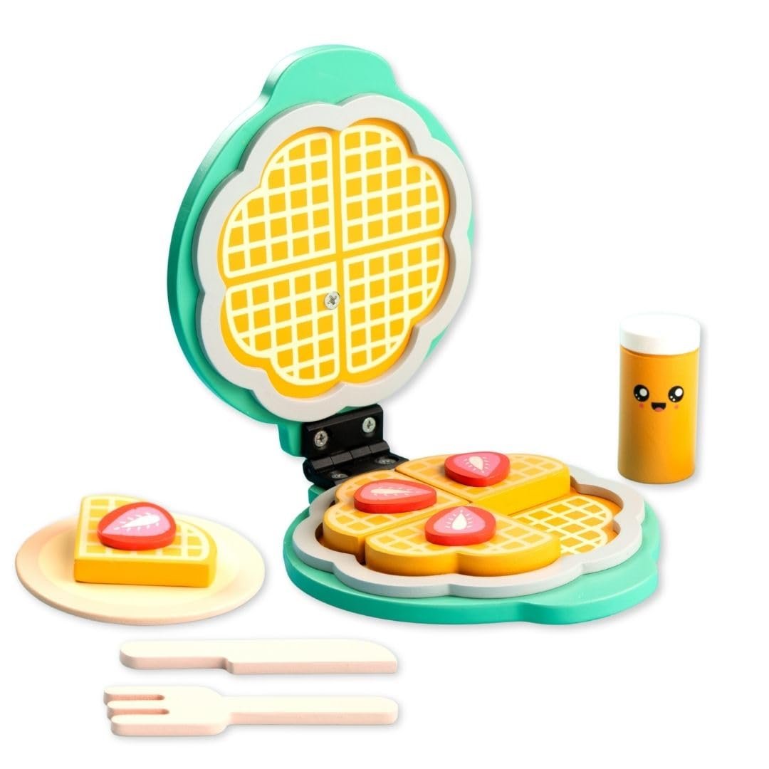 Cots and Cuddles Wooden Waffle Maker Toy Set for Kids | Pretend Play Food Set with Waffles, Plate, Strawberry Slices, Knife & Fork | Toy Kitchen Playset for Boys & Girls