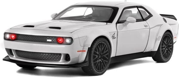 A 1:24 Dodge Challenger SRT Exclusive Alloy Metal Pull Back Die-cast Car Model with Sound Light Mini Auto Toy for Kids Metal Model Toy Car with Sound and Light(Grey-Color)