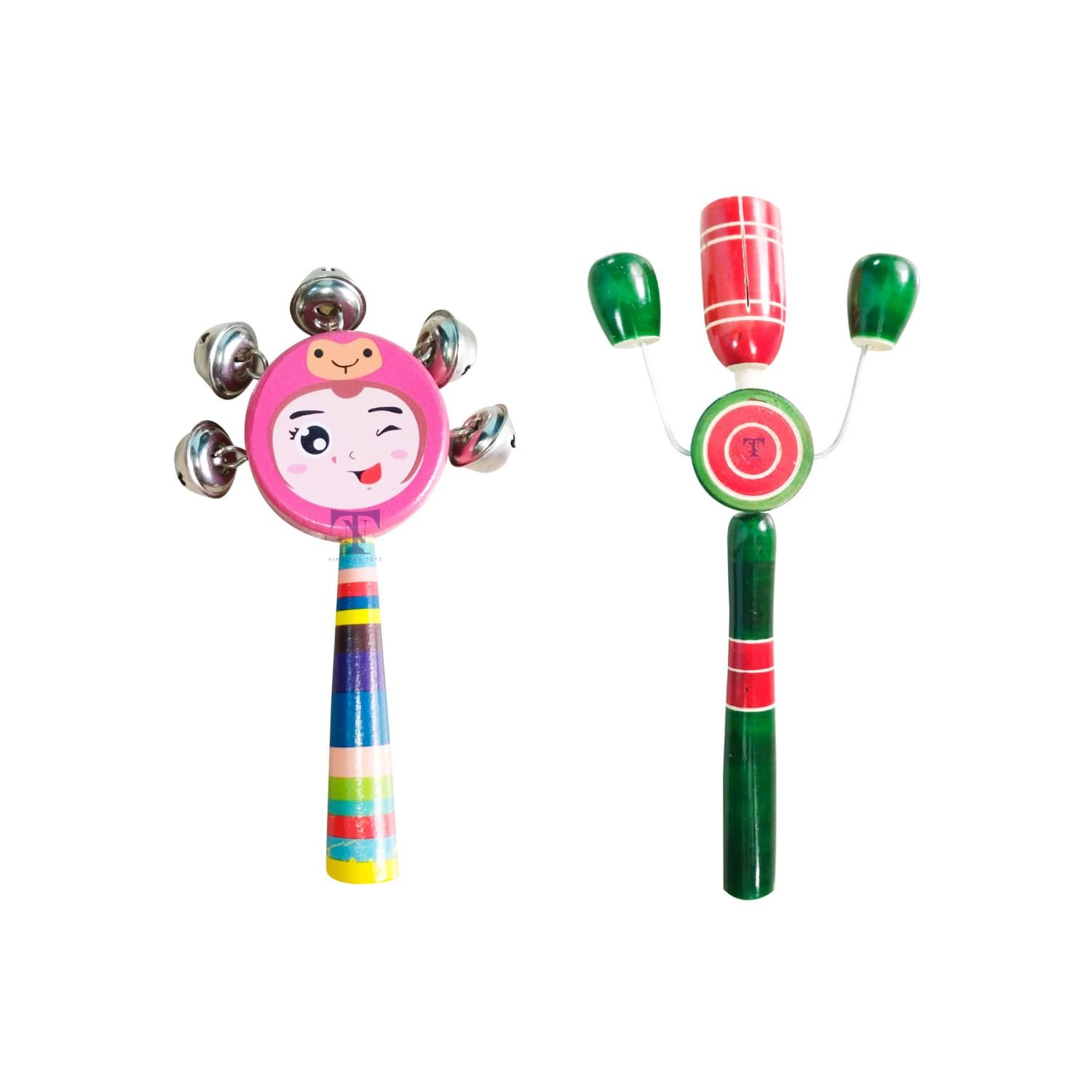 Colourful Wooden Baby Rattle Toy - Hand Crafted Rattle Set for Kids - Musical Toy for Newly Born (Pack of 2) TIK Small, face Rattle