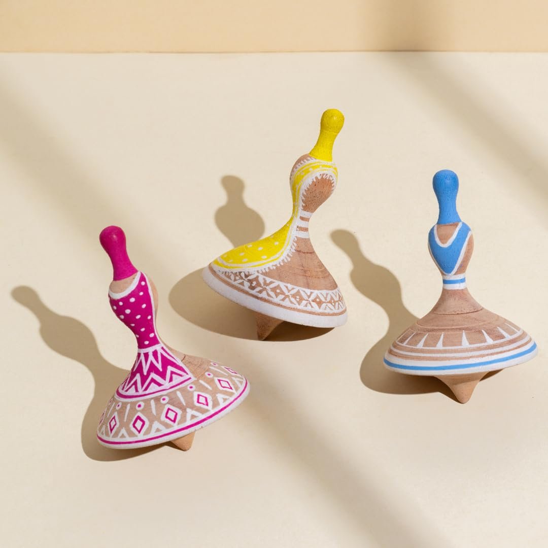 Nritya Set of 3 Wooden Tops | Lattu | Buguri | Inspired by Indian Dances | Natural Ivory Wood | Wooden Tops for Kids | Toy for Gifting | Handcrafted in India | Gifts for Children |4 Years +