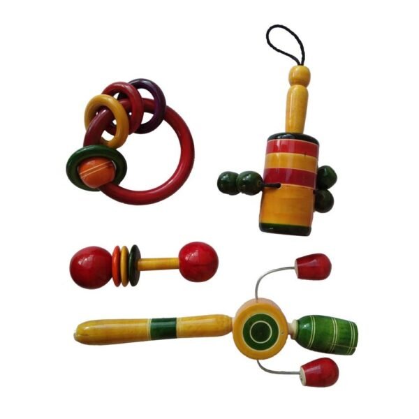 Wooden Rattles Toys for New-Born Babies, Infant Kids - Set of 4 pcs - Multicolor - Discover Sounds, Develops Sensory Skills - Image 2