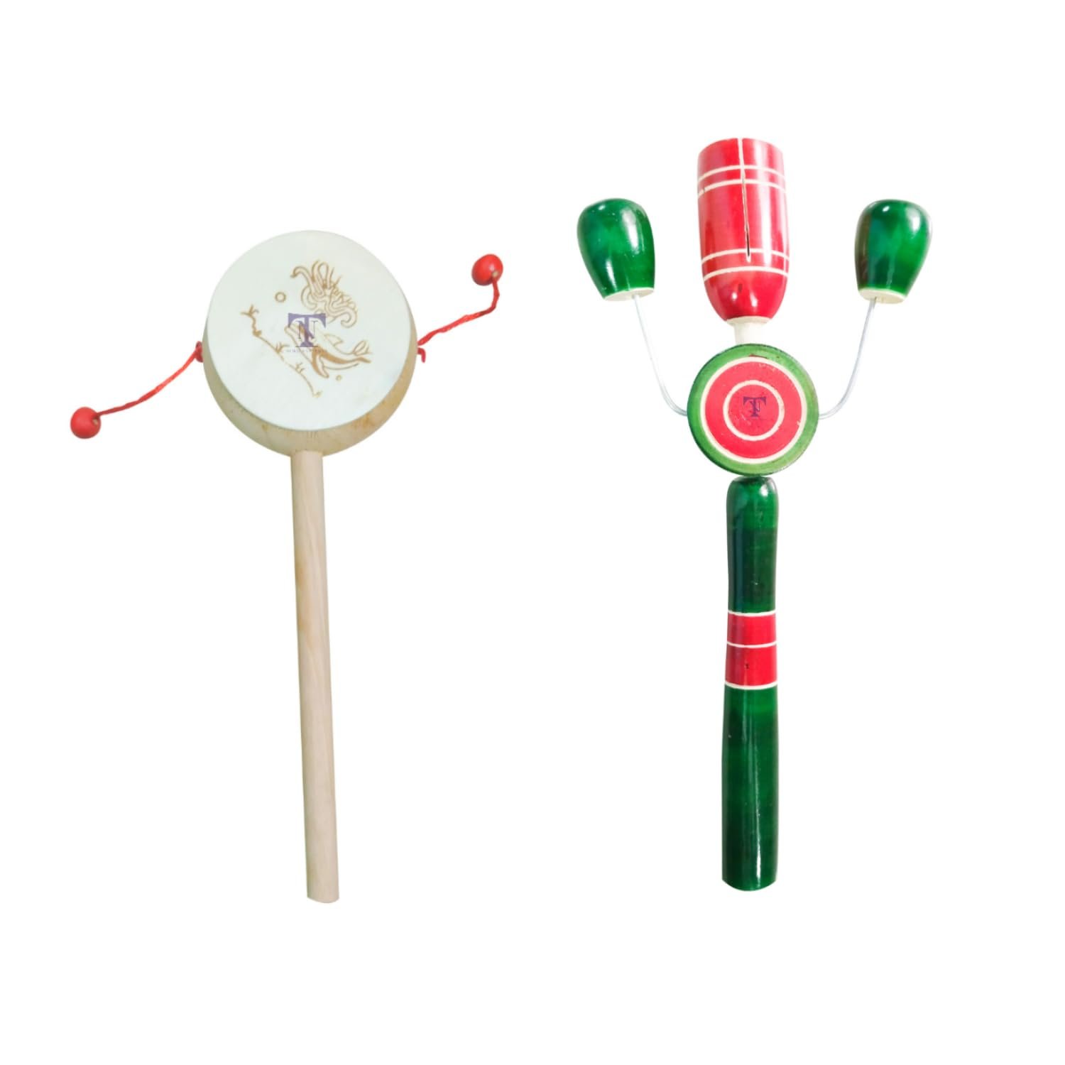 Colourful Wooden Baby Rattle Toy - Hand Crafted Rattle Set for Kids - Musical Toy for Newly Born(Pack of 2) White Rattle, TIK TIK Small