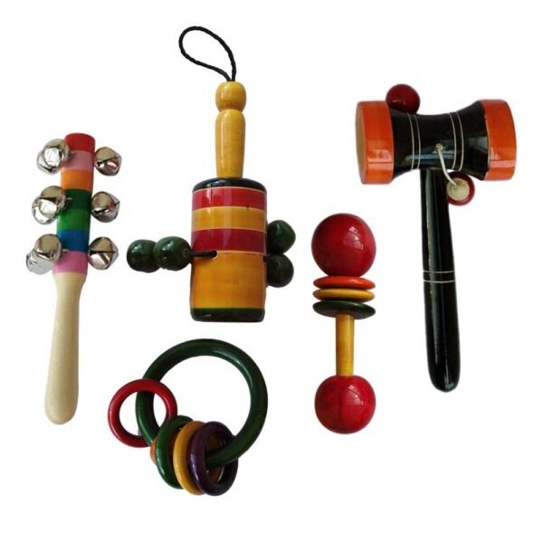 Wooden Rattles Toys for Baby, Infants, New Born Babies (0+ Years) - Set of 5 pcs - Multicolor - Discover Sounds & Sensory Skills - Image 3