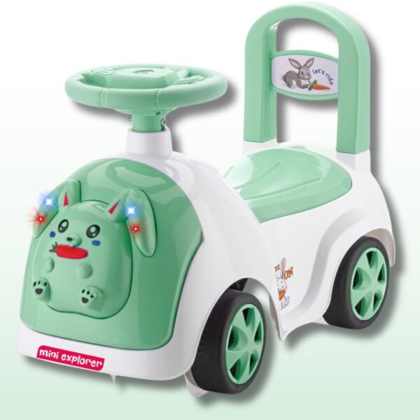 MiniExplorer Rabbit Ride On & Toy Car for Kids with Music & Horn Steering, Push Car for Baby with Backrest, Safety Guard, Under Seat Storage & Big Wheels | Ride On for Kids 1 to 3 Years - Green