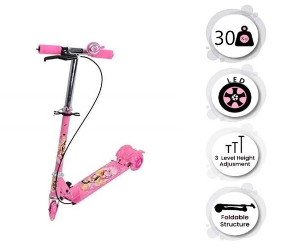 DREAMLAND 3 Wheeler Foldable Scooter with Brake and Bell, LED on Wheels and Height Adjustable Up to 76cm for Boys and Girls (5-10 Years) (Pink) - Image 2