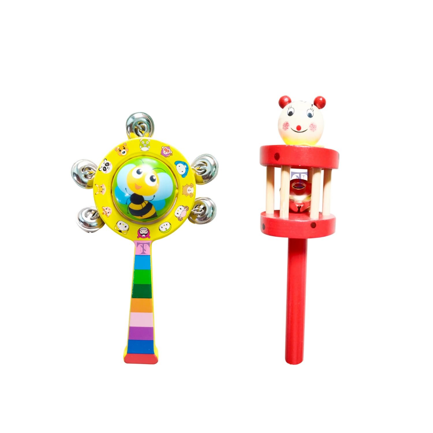 Colourful Wooden Baby Rattle Toy - Hand Crafted Rattle Set for Kids - Musical Toy for Newly Born - Pack of 2 (Gobal S, face)