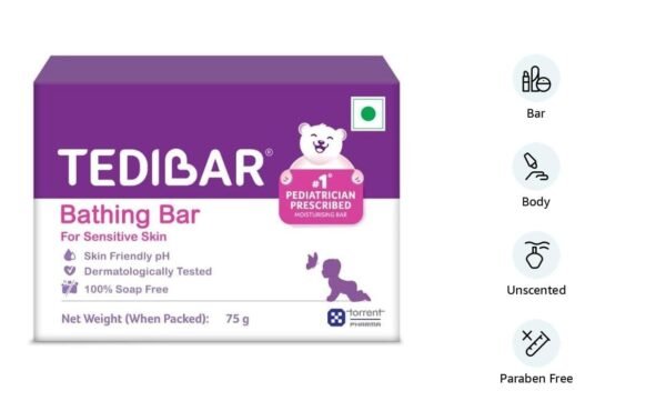 Tedibar Moisturising Baby Bathing Bar 75g (Pack of 1) 100% Soap Free No. 1* Pediatrician Prescribed Moisturising Bar - By Torrent Pharma - Image 2