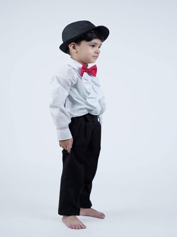BookMyCostume Ballroom Western Dance White Frill Shirt Black Pant Hat & Bow Set Kids Fancy Dress Costume - Image 2