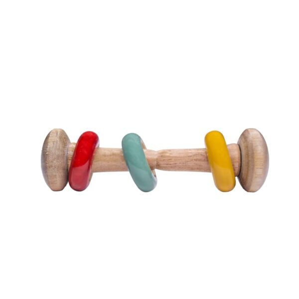 Handmade Wooden Rattle Dubbell with Rings for Baby Girl and Boy (0+ Years) | Neemwood Pastel Shade Rattle for Newborn | BPA Free | Non-Toxic Toy for Sensory Development - Image 2