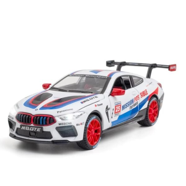 1:32 B-M-W M8 GTE Exclusive Alloy Metal Die-Cast Pull Back Car | Openable 4 Doors with Light and Music | Boys? Gift Toy?White?