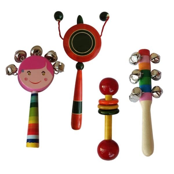 Wooden rattles Toys for Baby/New Born Infant Kids Set of 4 pcs - Multicolor - Discover Sounds, Develops Sensory Skills