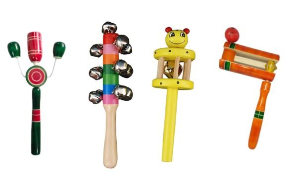 Wooden Rattles Toys for Baby/New-Born Infant Kids - N Set of 4 pcs - Multicolor - Discover Sounds, Develops Sensory Skills