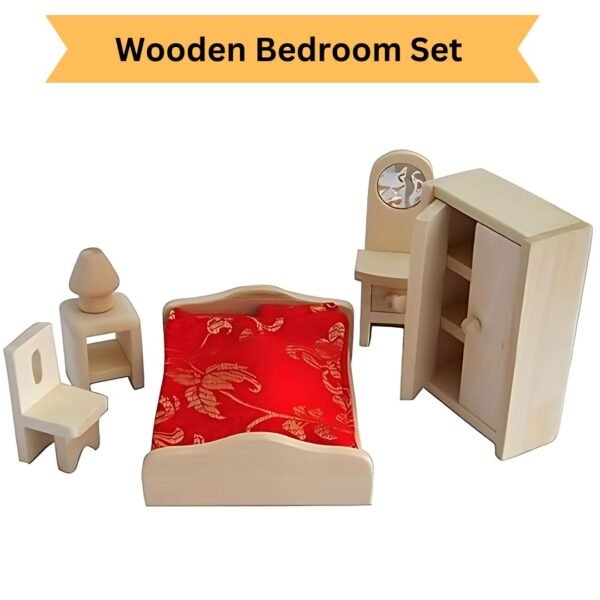 Lakshya India Wooden Bedroom Toy Set for Kids - 5 Piece Dollhouse Furniture Set Suitable for Playing Kids Age 5-10 Years (Color-Brown) - Image 3