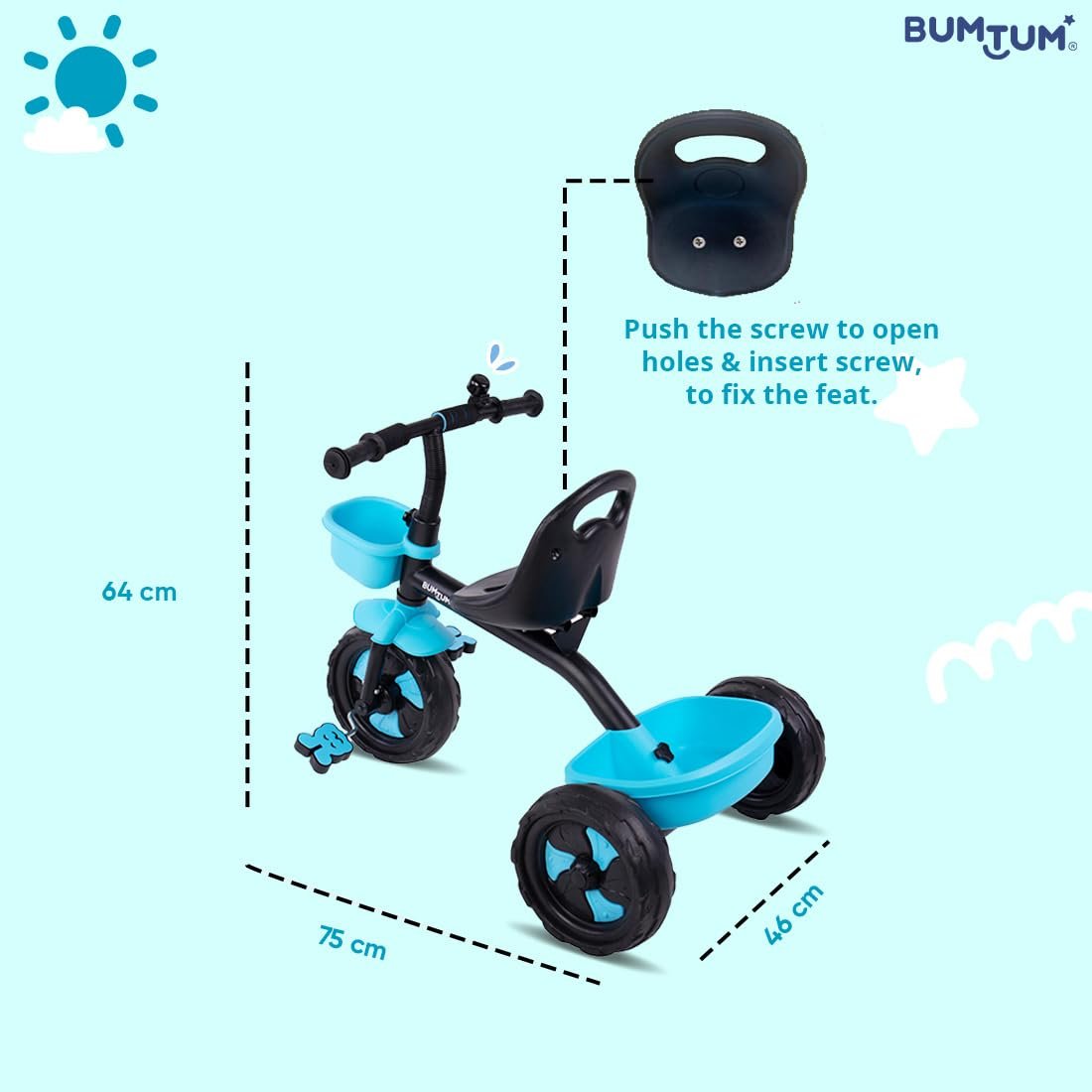 Bumtum Tricycle Ride | Play & Plug Cycle for Kids | 2-5 Years - Tricycles for Boy & Girl | Sturdy Designs with Storage Box, Horn and Guarded Seats, Heavy Wheels (Blue) - Pack of 1 - Image 2