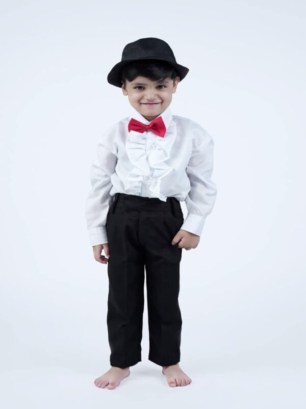 BookMyCostume Ballroom Western Dance White Frill Shirt Black Pant Hat & Bow Set Kids Fancy Dress Costume - Image 5