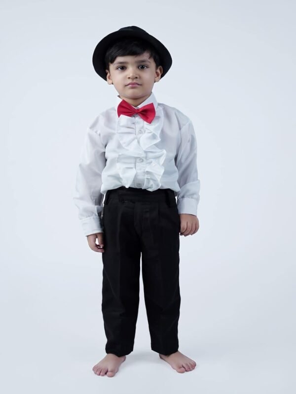 BookMyCostume Ballroom Western Dance White Frill Shirt Black Pant Hat & Bow Set Kids Fancy Dress Costume - Image 6