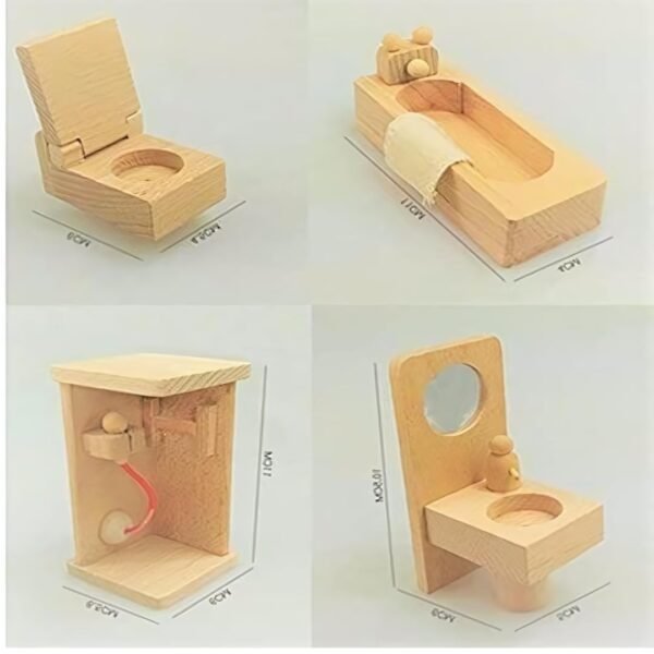 Lakshya India Wooden Bathroom Toy Set for Kids - 5 Piece Dollhouse Furniture Set Suitable for Playing Kids Age 5-10 Years (Color-Brown) - Image 5
