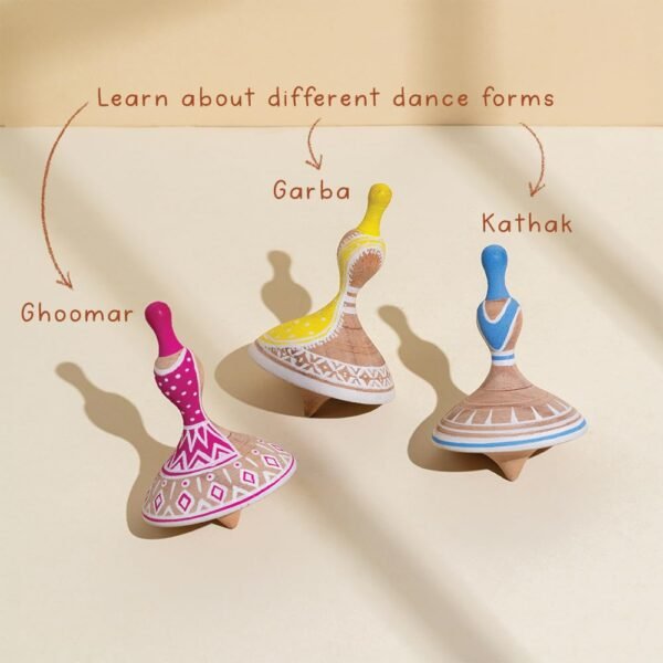 Nritya Set of 3 Wooden Tops | Lattu | Buguri | Inspired by Indian Dances | Natural Ivory Wood | Wooden Tops for Kids | Toy for Gifting | Handcrafted in India | Gifts for Children |4 Years + - Image 6