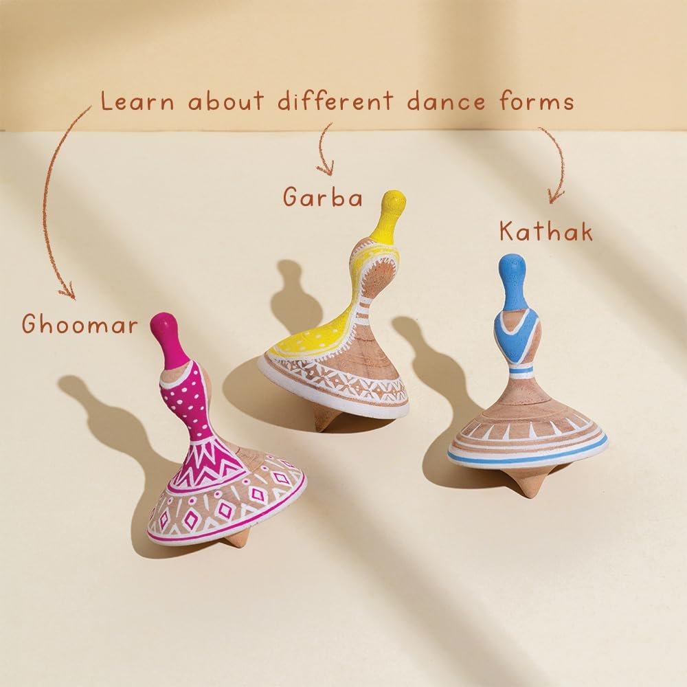 Nritya Set of 3 Wooden Tops | Lattu | Buguri | Inspired by Indian Dances | Natural Ivory Wood | Wooden Tops for Kids | Toy for Gifting | Handcrafted in India | Gifts for Children |4 Years + - Image 6