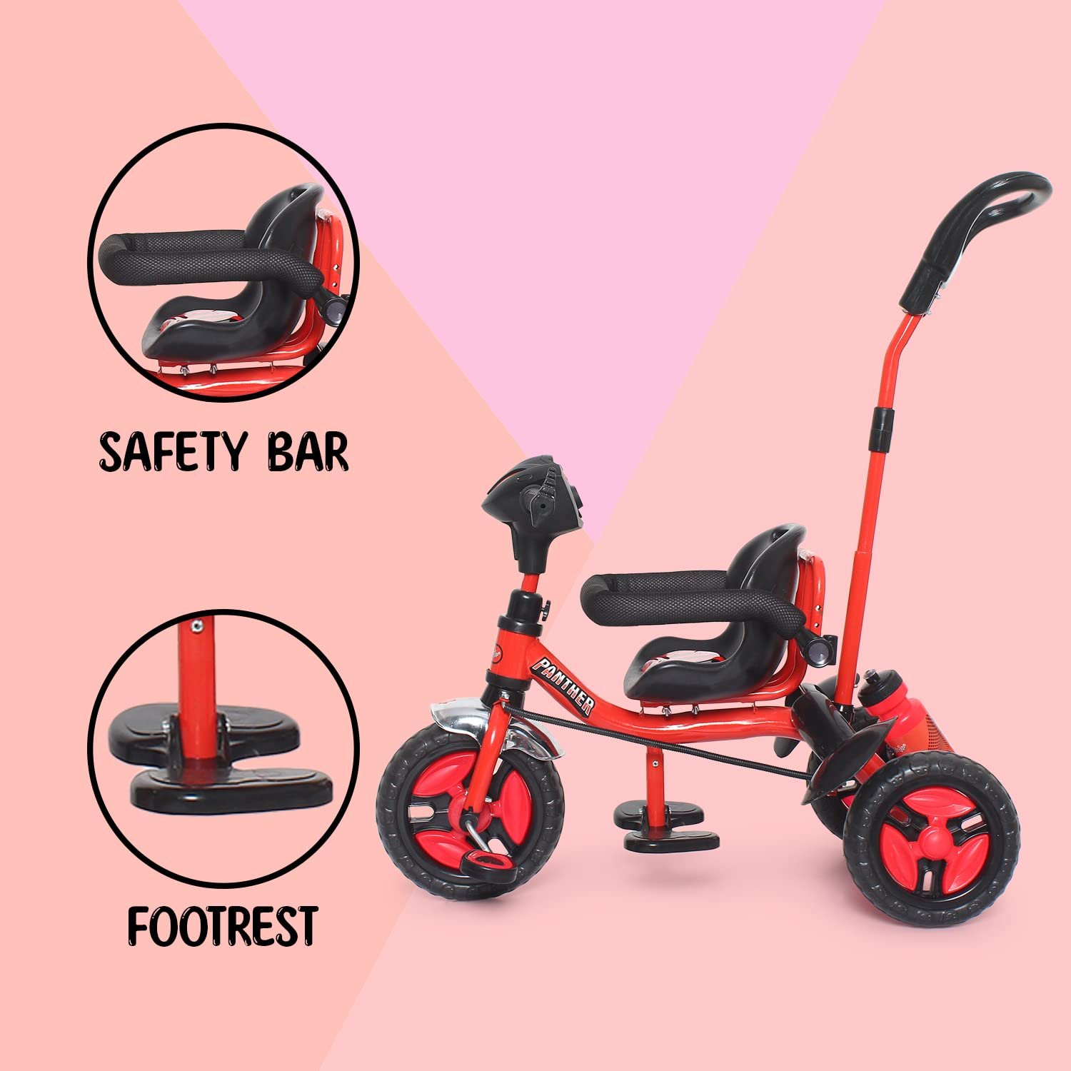 Fun Ride Kid\'s Tricycle Panther 2in1 for 1 to 5 Years - Plug and Play Baby Trike with Music and Lights with Removable Parental Control Handle - Red (Weight - Upto 25 Kg) - Image 5