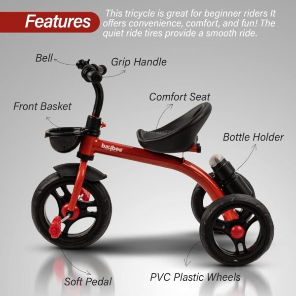 Baybee Maze Baby Tricycle for Kids | Balanced Baby Trikes with Handle & Seat Adjustments, Bottle Holder, Storage Basket for Toys | Children Bicycle for Kid | Kids Cycle for 2-5 Years Boy Girl (Red) - Image 4