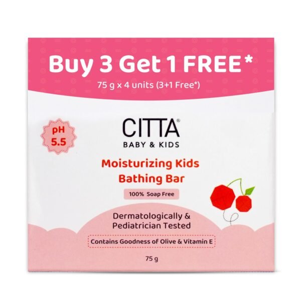 CITTA Moisturizing Kids Bathing Bar for Sensitive Skin | Kids Bathing Bar | Cleansing & Moisturizing | 100% Soap Free, Tear-Free | pH balanced | Enriched With Olive Oil & Vitamin E | Infused With IFRA-Certified Cherry Fragrance | Prevents Post-Bath Dryness | 75 gm | Pack of 4