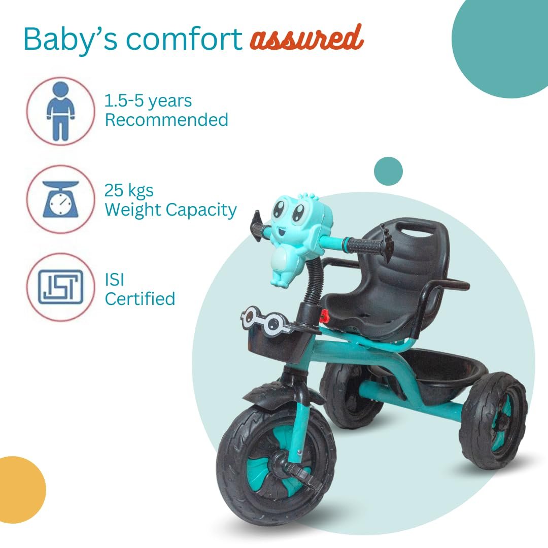Cute Cartoon Face Tricycle for Kids Double Basket Storage Tricycle for Baby boy or Baby Girl Kids trikes or Toddler Tricycle for 1-4 Years Kids (Green) - Image 3