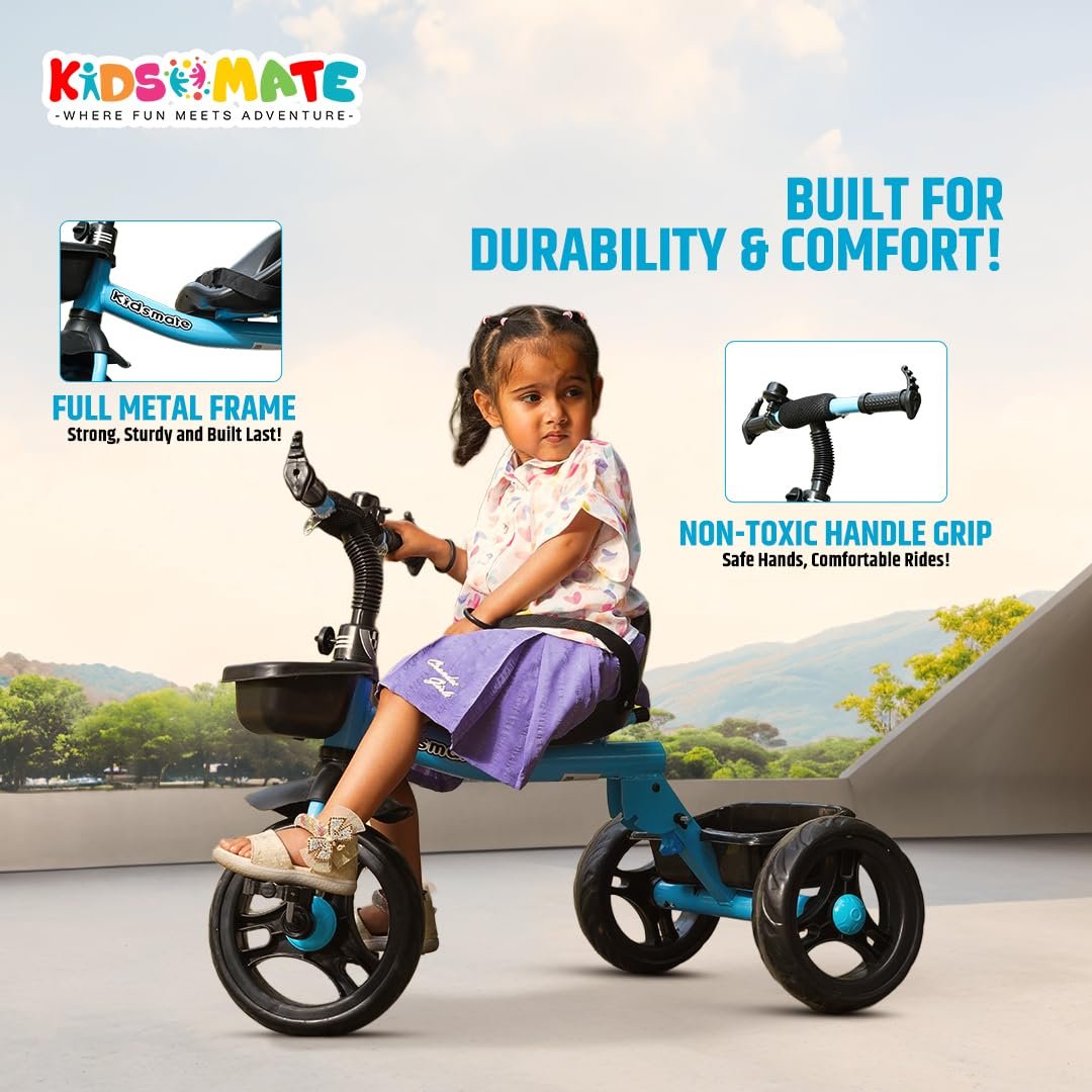 Kidsmate Foldable Tricycle for Kids | Sturdy & Durable Baby Trikes with Storage Basket, Cushion Seat & Safety Belt | Baby Tricycle for 1-4 Years Boys & Girls | Weight Capacity Upto 30kg (Blue) - Image 4