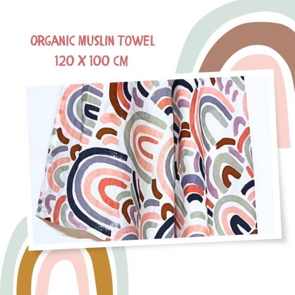 BIGMOON 100% Organic Cotton Baby Muslin Bath Towel 120x100 cm (49 x 39 Inches) – Rainbow Print on White, Ultra-Soft Newborn Swaddle Wrap, Baby & Toddler Towel, Versatile for Kids & Adults - Image 2