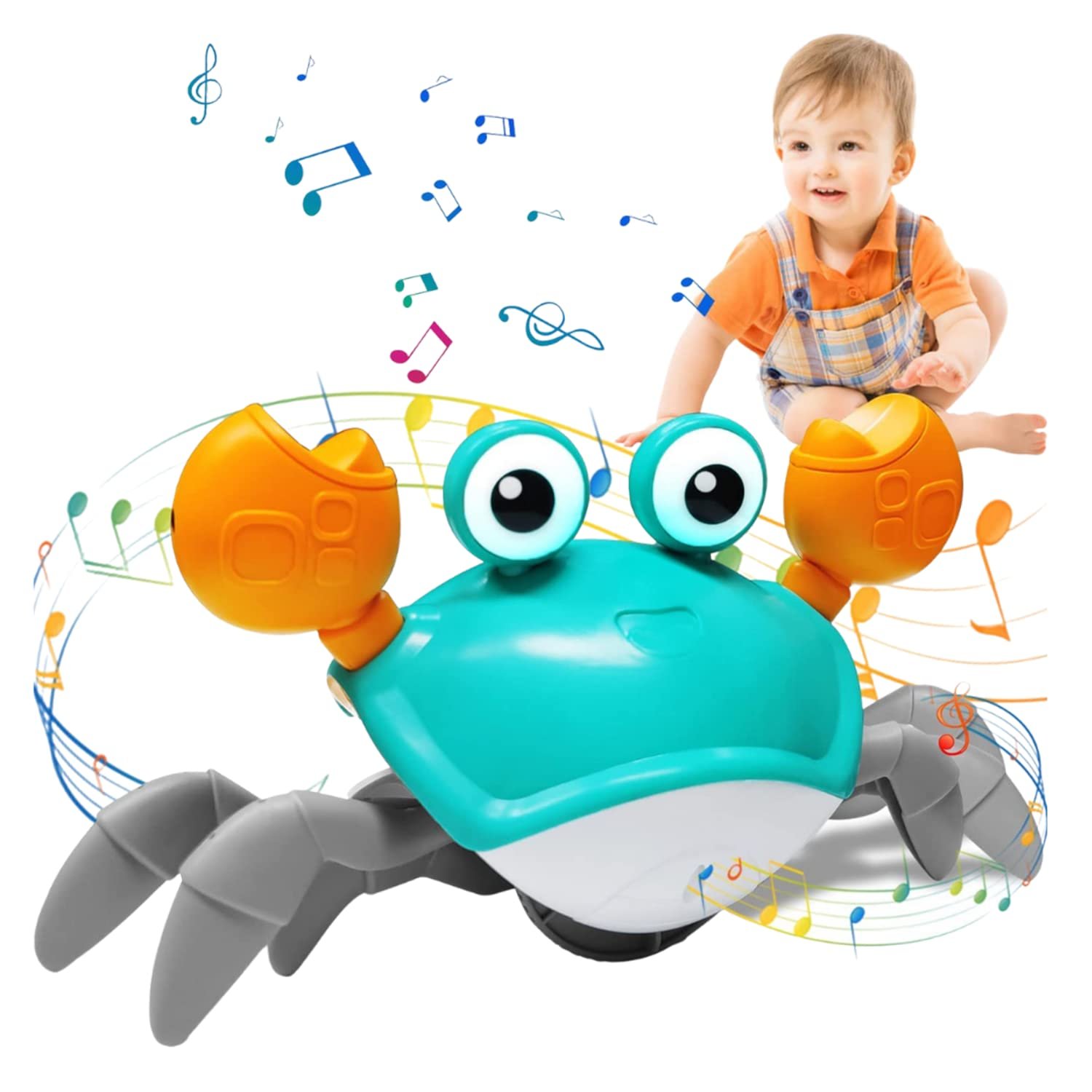 Kidology Crawling Crab Infant Tummy Time Toys For Kids | Kids Electronic Musical Light Up Toy With Automatically Avoid Obstacles Build In Rechargeable Battery, Blue