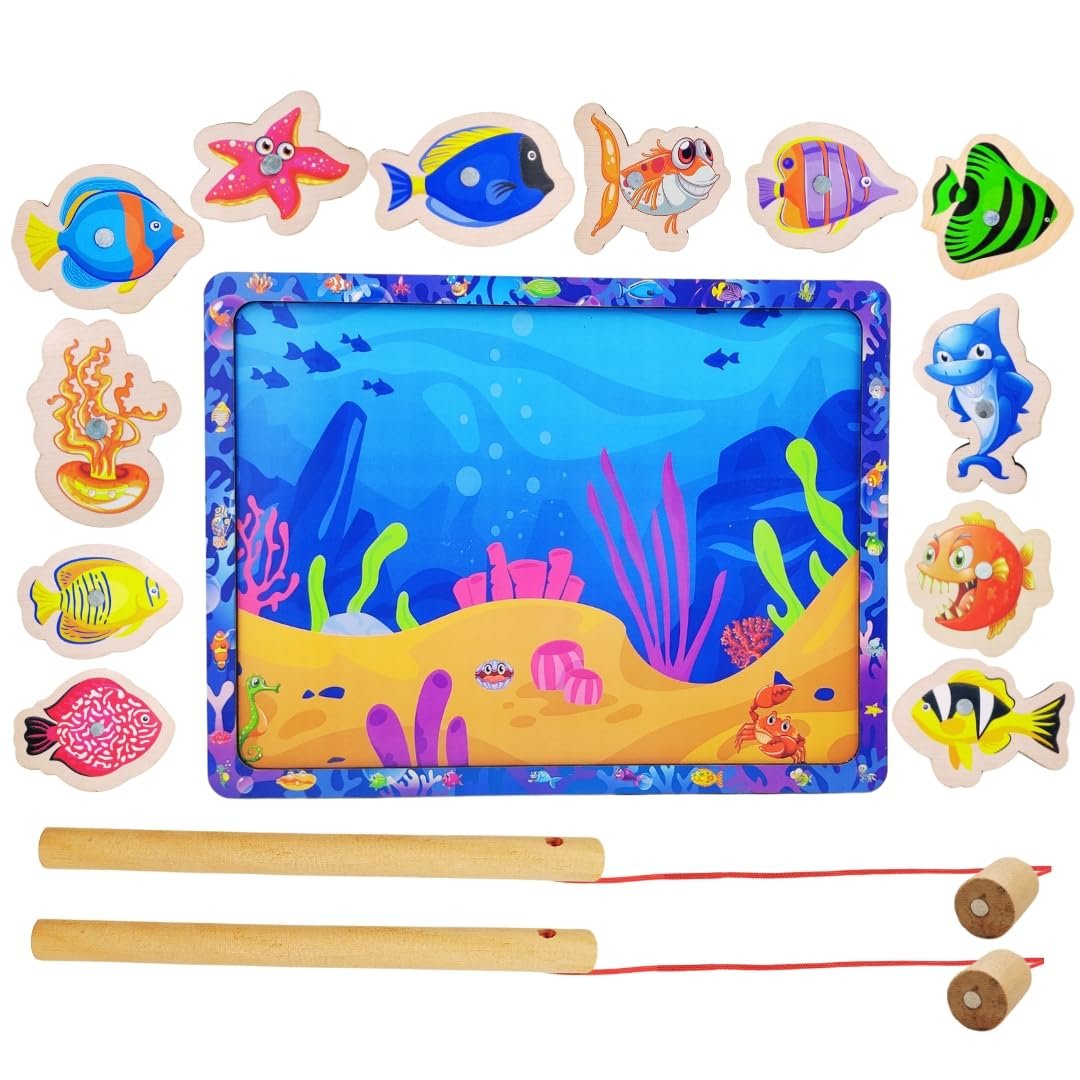 PLUSPOINT 15 Pieces Wooden Magnetic Fishing Game for Kids 12 Fishes 2 Stick 1 Pool Tray Magnet Fish Game Wooden Magnetic Fishing Toys for Kindergarten Preschool Kids Girl Boy (Fish Tray)