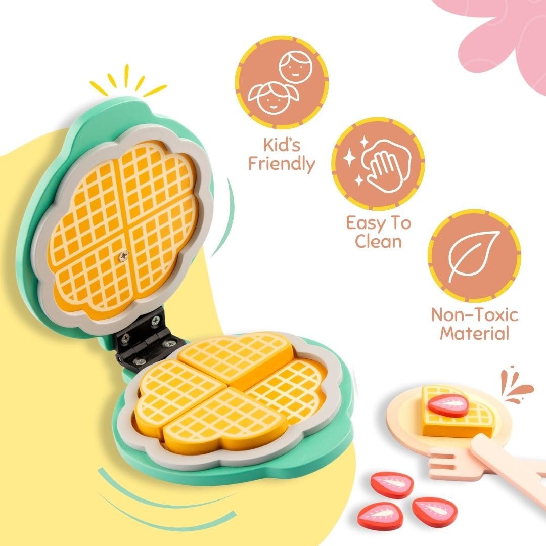 Cots and Cuddles Wooden Waffle Maker Toy Set for Kids | Pretend Play Food Set with Waffles, Plate, Strawberry Slices, Knife & Fork | Toy Kitchen Playset for Boys & Girls - Image 5