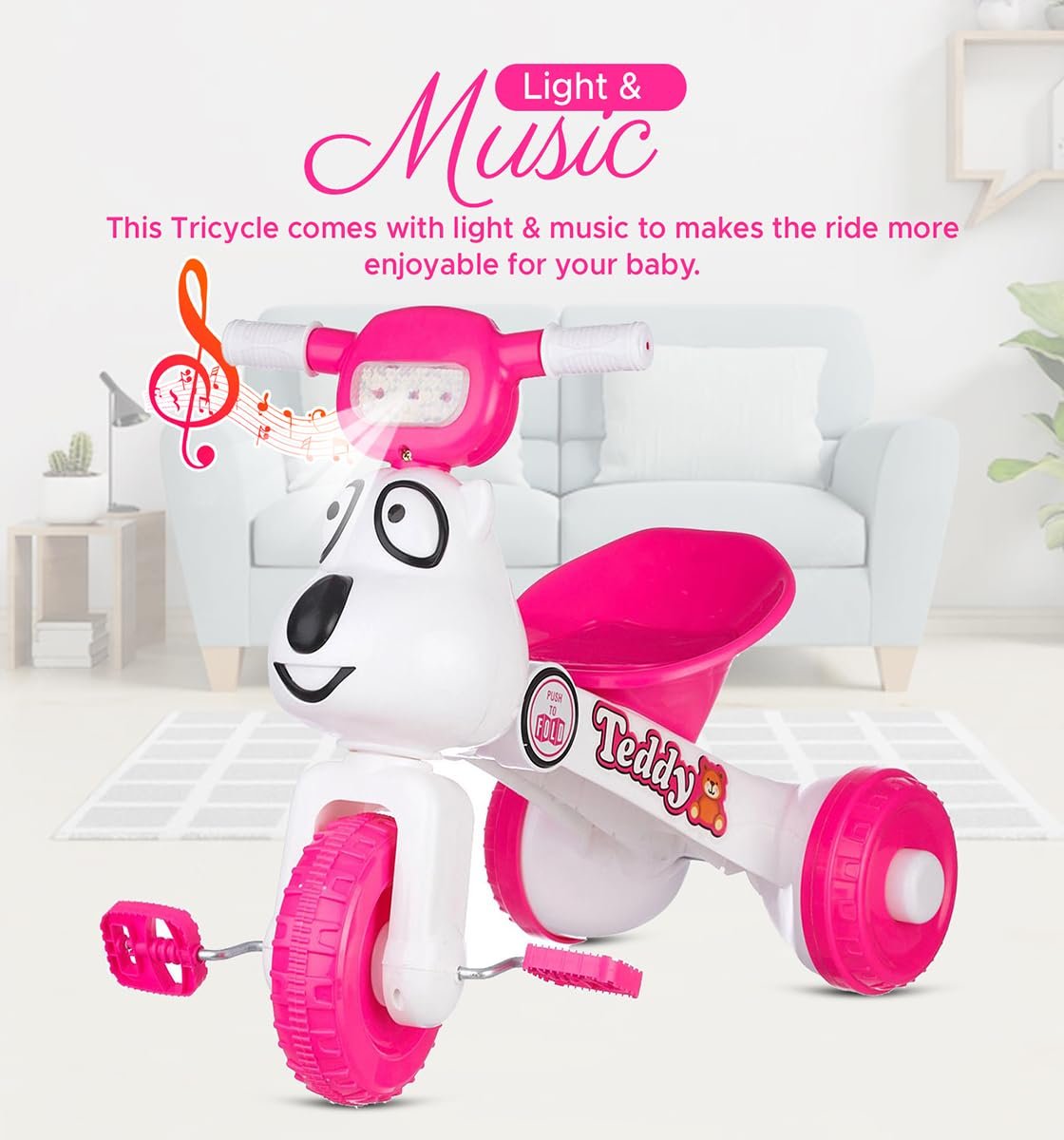 Dash Teddy Foldable Tricycle for Kids 1-3 Years, Baby Cycle With Light and Music (Capacity 20Kg | Pink) - Image 6