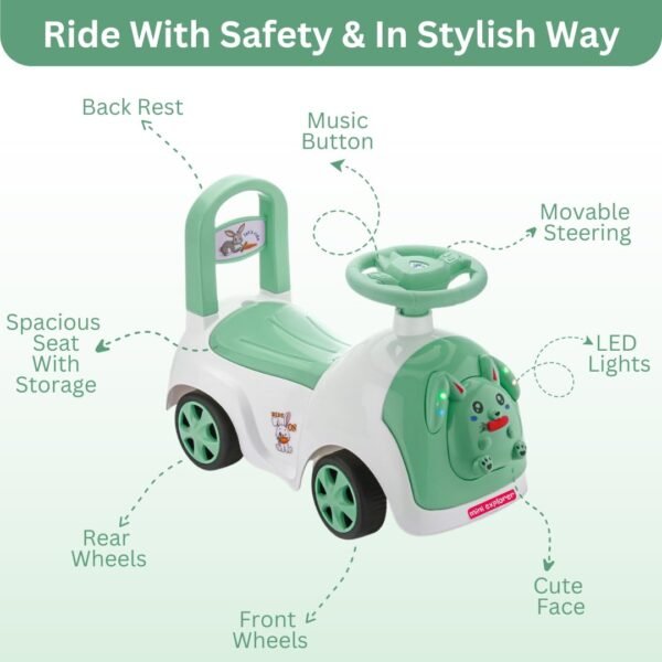 MiniExplorer Rabbit Ride On & Toy Car for Kids with Music & Horn Steering, Push Car for Baby with Backrest, Safety Guard, Under Seat Storage & Big Wheels | Ride On for Kids 1 to 3 Years - Green - Image 3