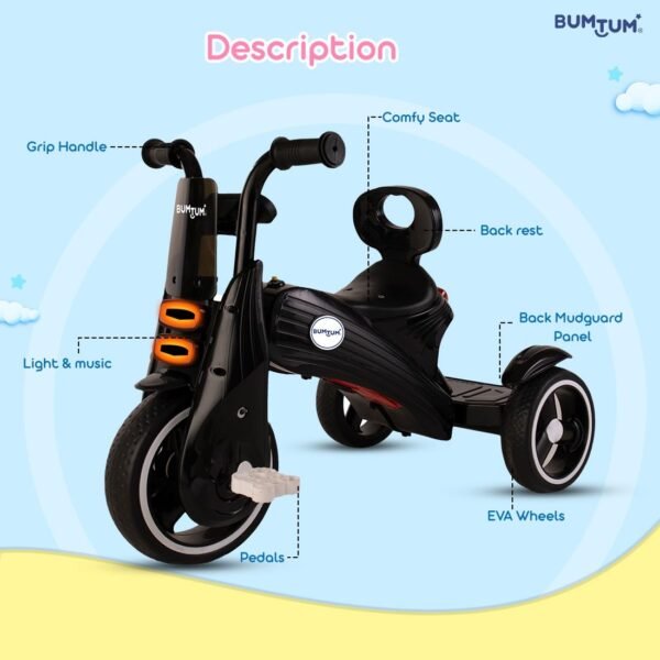 BUMTUM Baby Edge Tricycle with Handle | Baby Tricycle for Kids | Baby Tricycle for 2 Years to 5 Years Kids & Toddlers | Pedal Tricycle & 3 Wheel - Black - Image 2