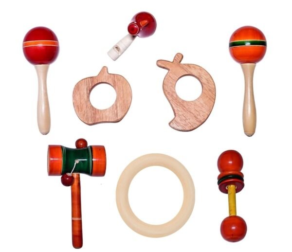 Wooden Montessori Maraca Rattles & Neem Wood Teethers, Ring Bird Whistle Set of 8 pcs -Musical Instrument for Baby & Kids (0-3 Years) - Non-Toxic, Hold & Shake Toy New Born Gift
