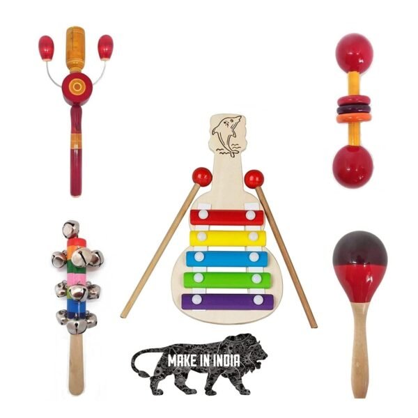 Wooden Rattles & Xylophone for Baby, Infants, New Born Babies Toys (0 to 6 to 12 Months) - Set of 5 pcs - Non Toxic Multicolor - Made in India -Develops Sensory Skills
